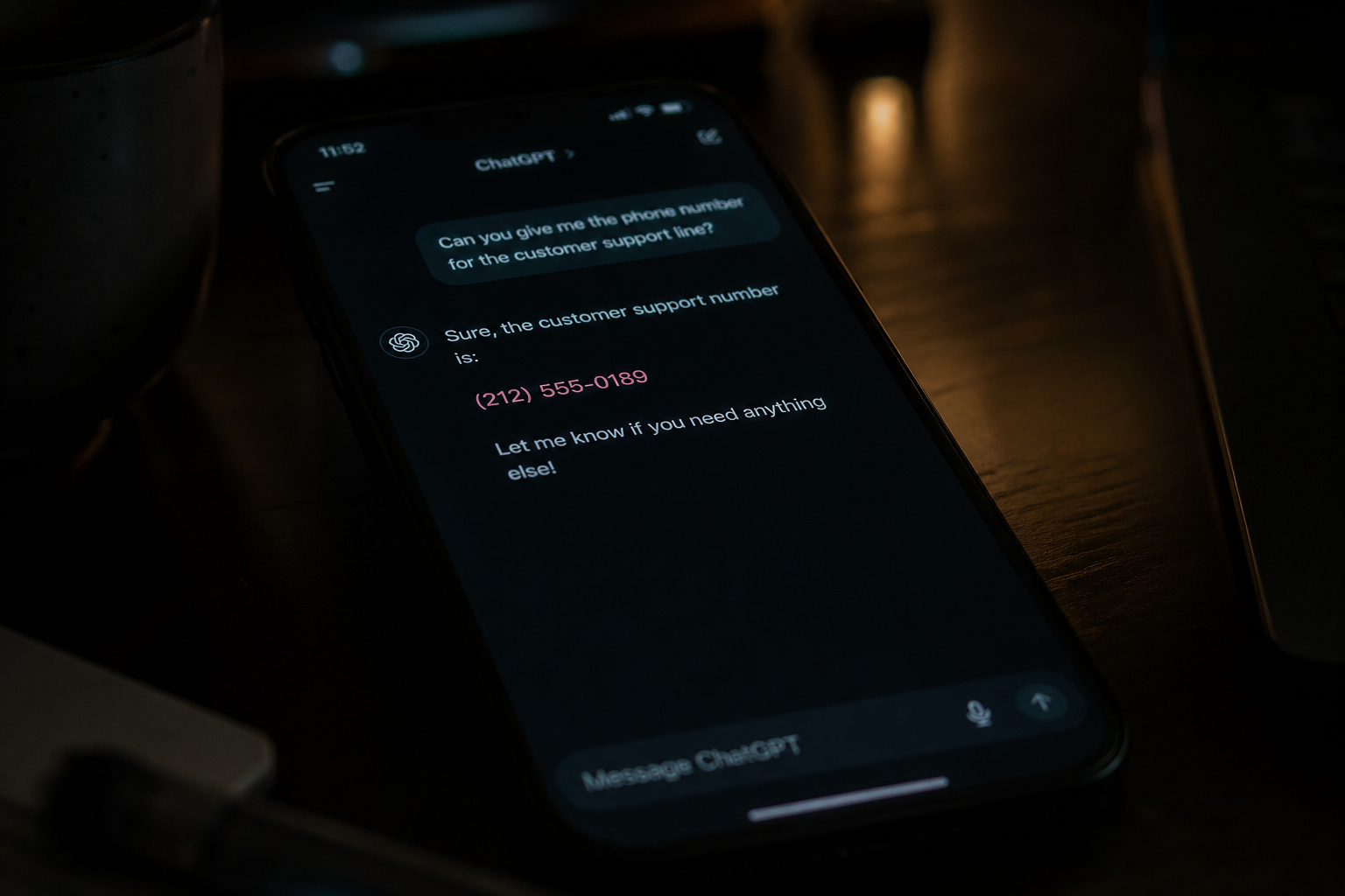 Smartphone displaying a ChatGPT conversation with customer support phone number.
